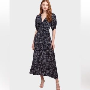 Misa Los Angeles Blue and White V-Neck Puff Sleeve Midi Dress
